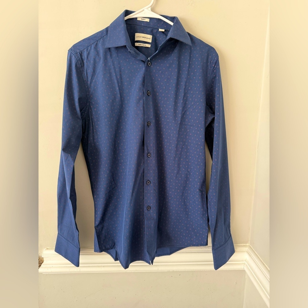Lucky Brand NWT Men’s Slim Fit Dress Shirt Blue W Print 14-14‎ 1/2 32/33 Small